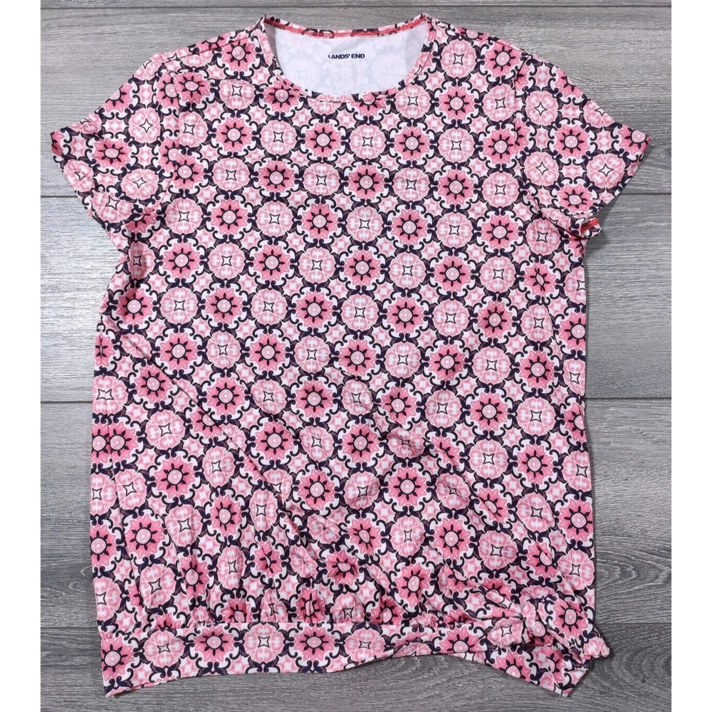 Lands End Womens Small Swim Shirt Pink Red Patterned Rash Guard Top 809428